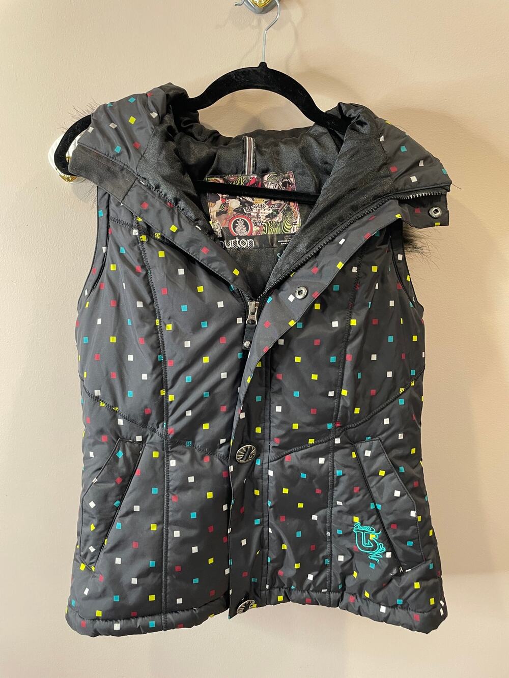 Burton Hooded Sly Puffer Vest Black Multicolored Polka Square Pattern Small